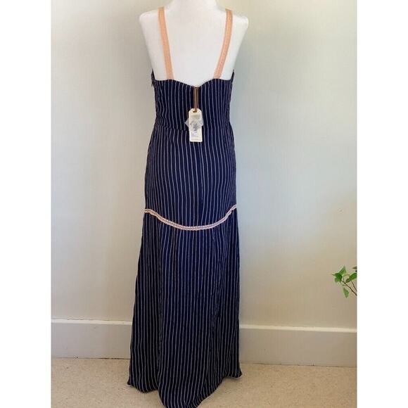 Cleobella Maxi Lace Inset Bodice Striped Dress S Navy Blue 56" - Picture 5 of 8